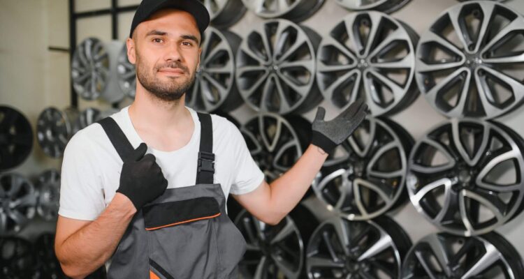 Muž ukazujúci disky na auto