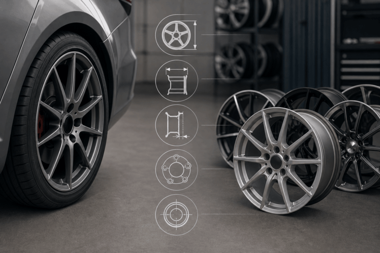 Automobilové koleso a alu disky s vizuálne znázornenými technickými parametrami výberu v dielenskom prostredí.
