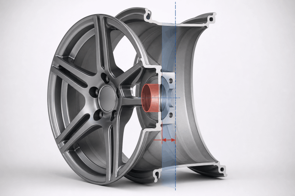 Automobilový disk s naznačenou stredovou osou a montážnou plochou, ktoré ilustrujú hodnotu ET ako vzdialenosť medzi nimi.
