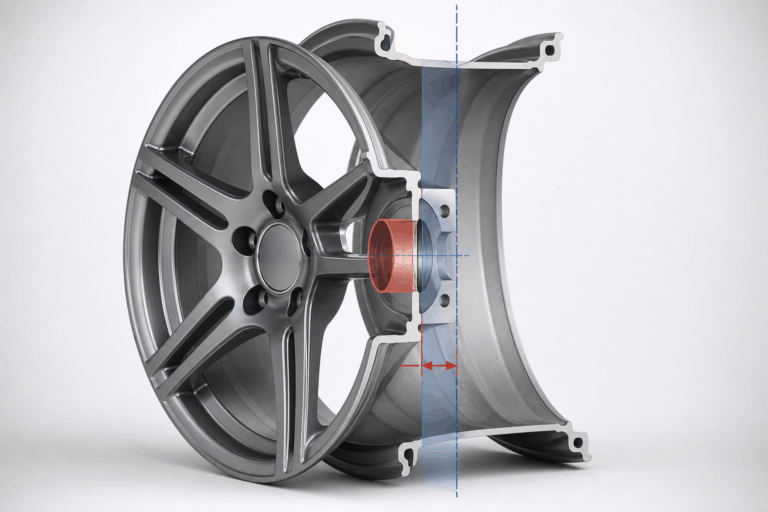 Automobilový disk s naznačenou stredovou osou a montážnou plochou, ktoré ilustrujú hodnotu ET ako vzdialenosť medzi nimi.