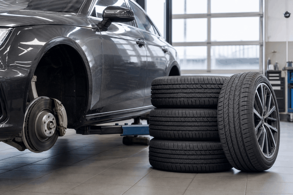 Osobné auto v servise pri výbere a montáži letných pneumatík