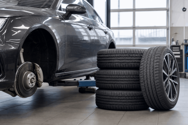 Osobné auto v servise pri výbere a montáži letných pneumatík