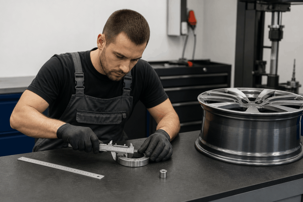 Mechanik meria parametre automobilového disku pomocou pravítka a posuvného meradla.