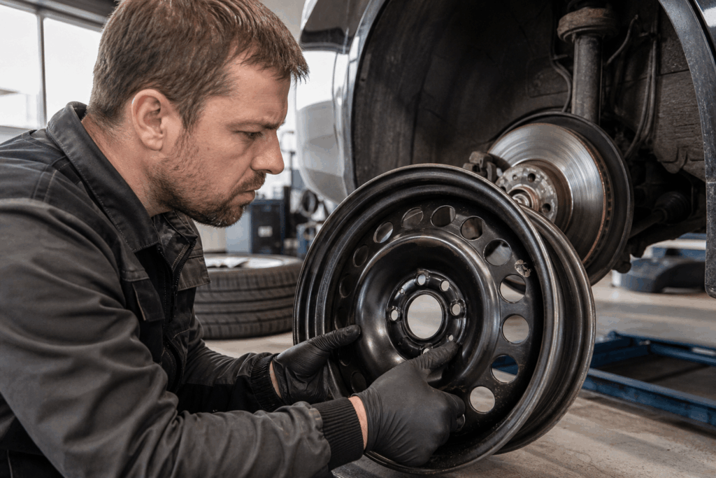 Mechanik kontroluje rozmery a kompatibilitu kolesa pri montáži plechového disku.