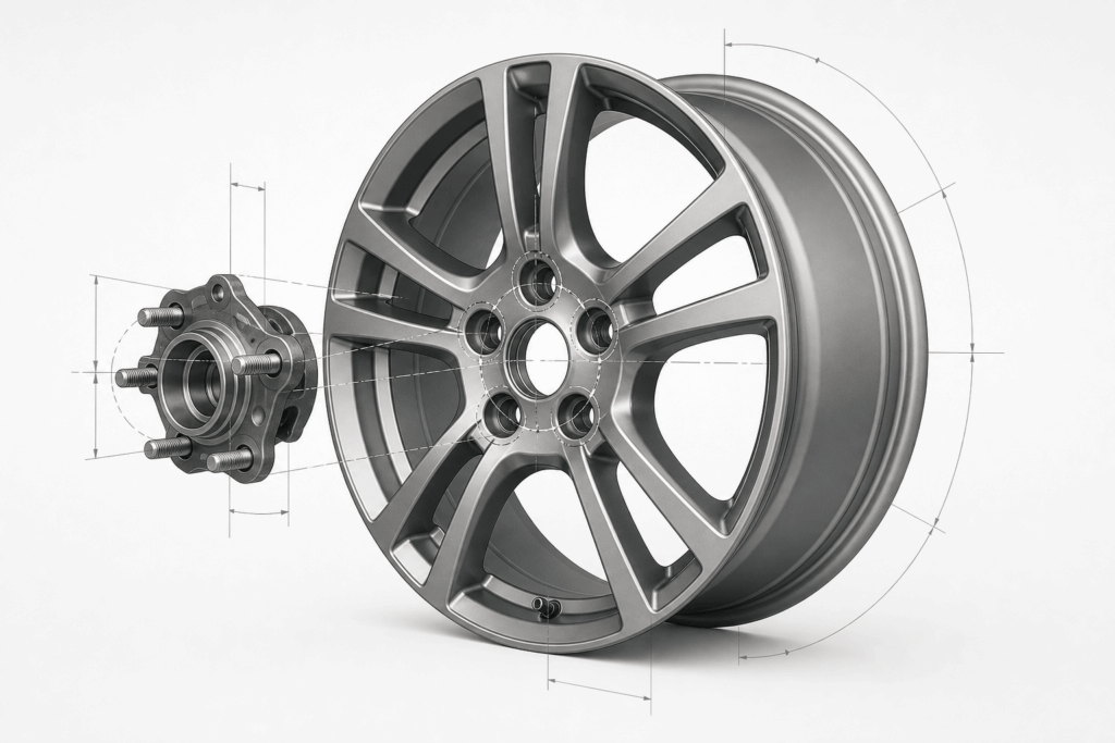 Automobilový disk a náboj kolesa s vyznačeným kruhom rozteče montážnych otvorov.