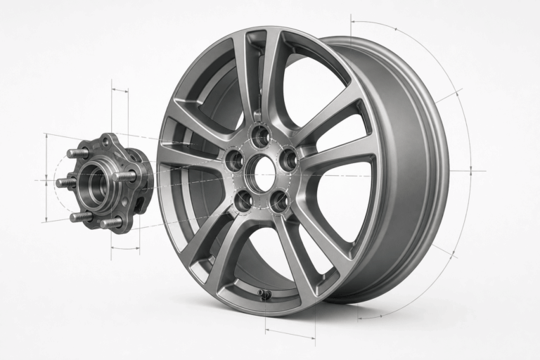 Automobilový disk a náboj kolesa s vyznačeným kruhom rozteče montážnych otvorov.